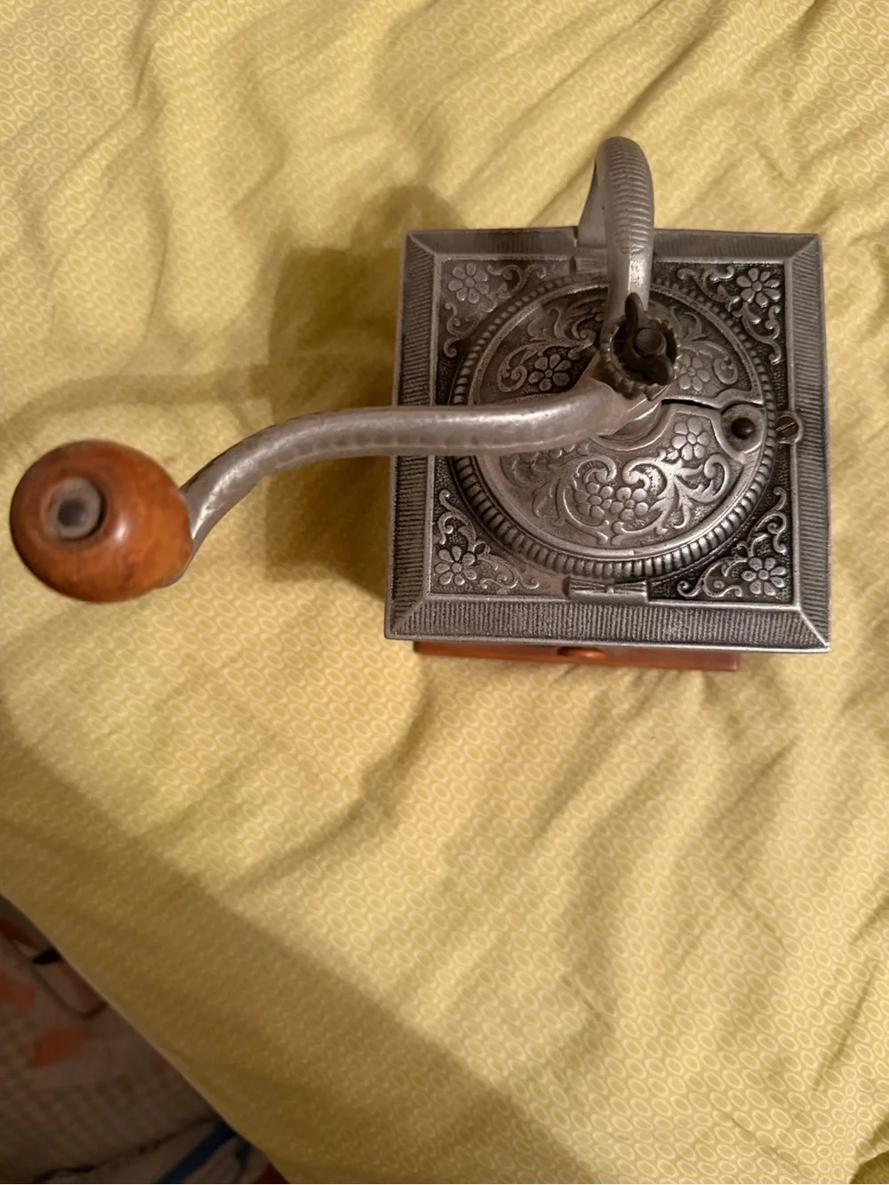 Vintage Wood Coffee Grinder with Embossed Metal Top - Brown & Silver